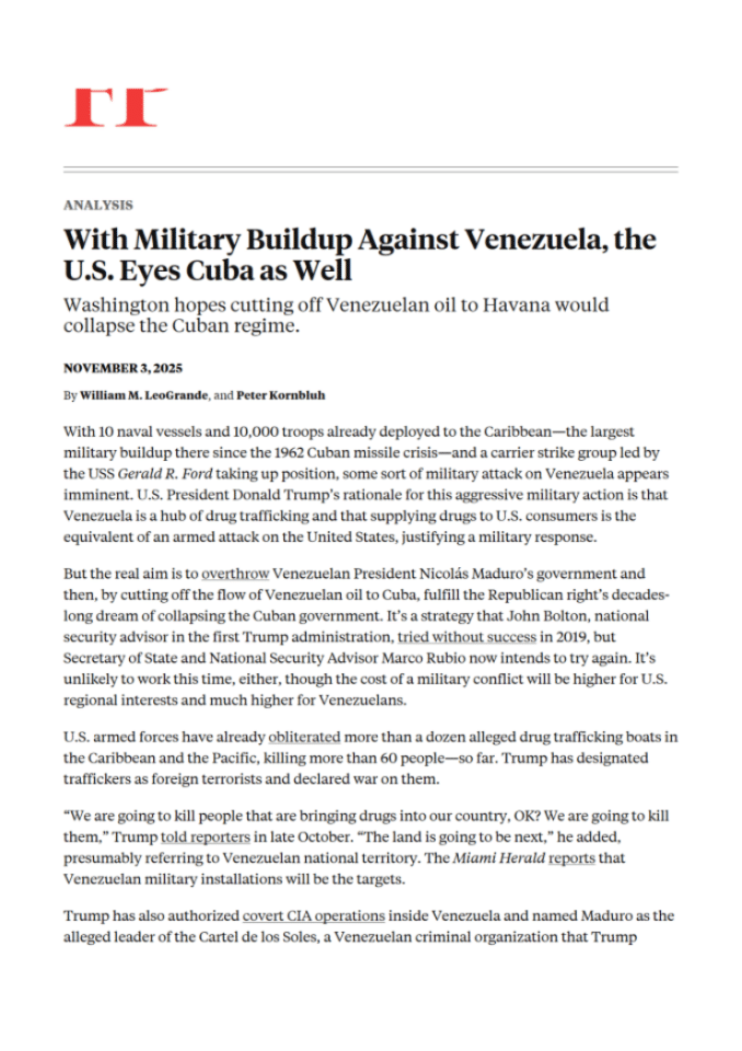美国对委内瑞拉军事行动及其对古巴影响的分析报告