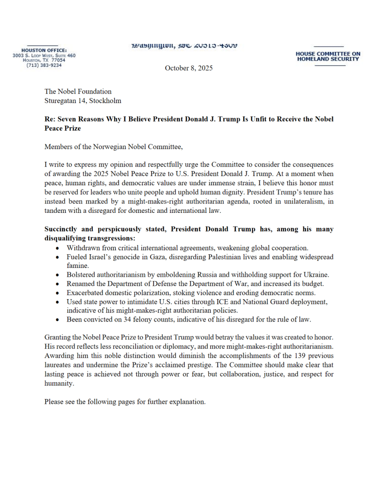 反对特朗普总统获诺贝尔和平奖的理由