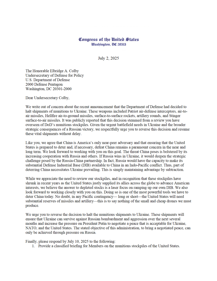 美国国会议员联名信：呼吁恢复对乌克兰的军火运输