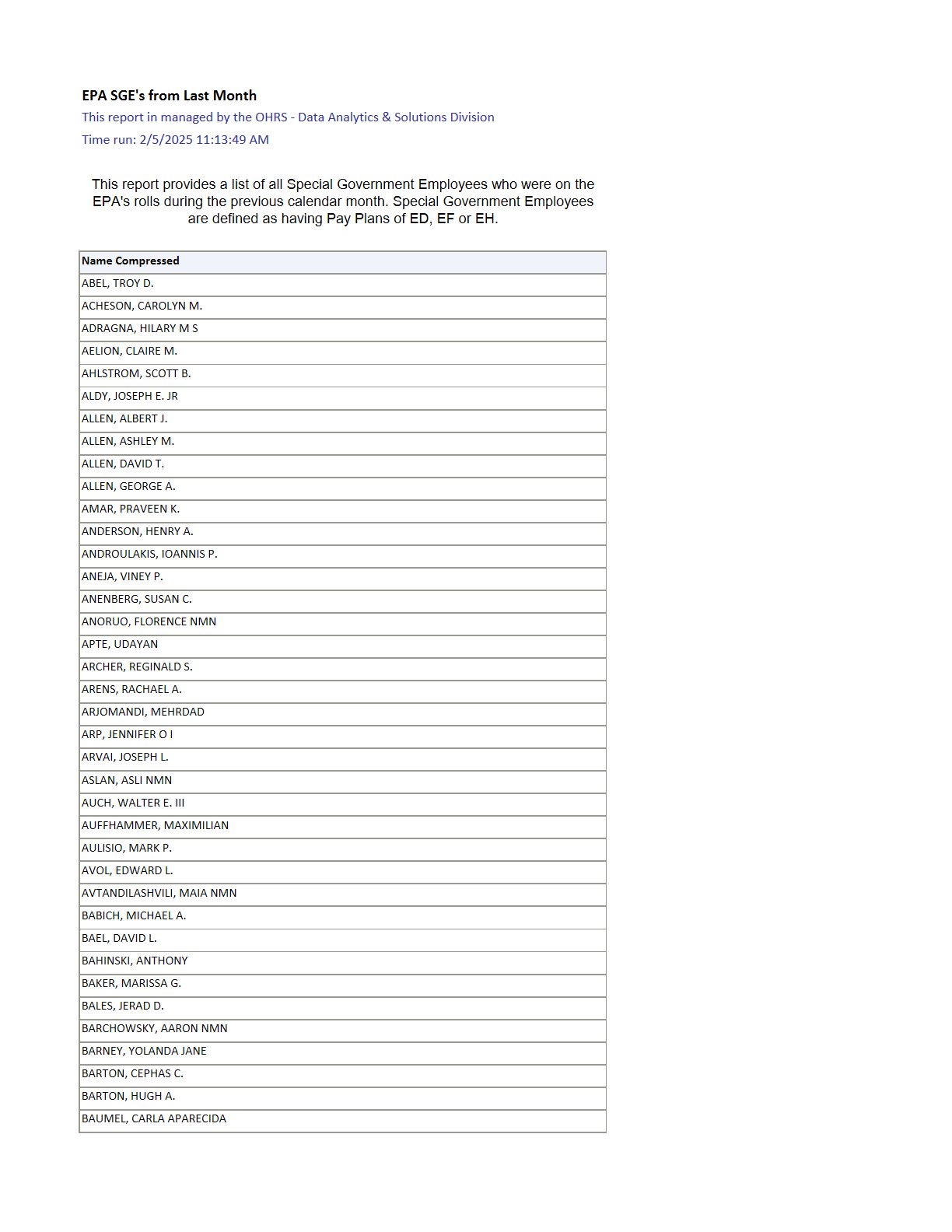 2025年1月发布最新版《特殊政府雇员 (SGE) 名单》包含雇员姓名