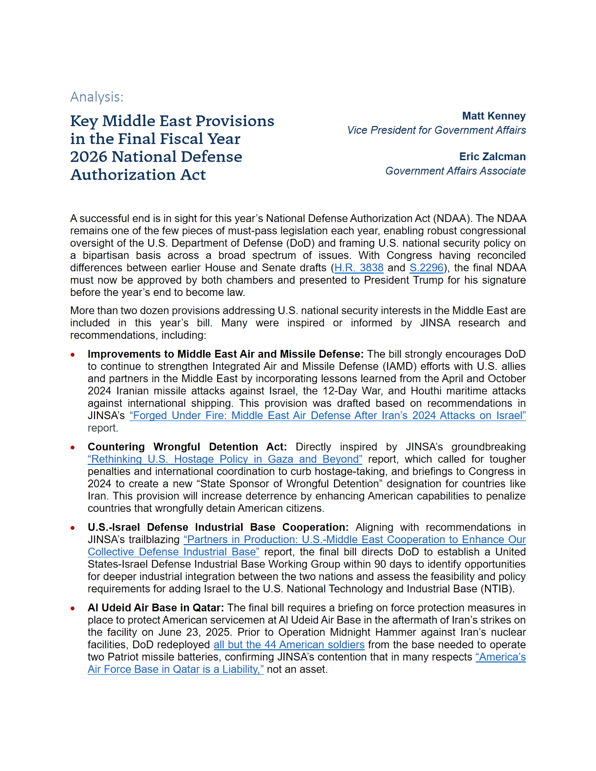 《2026财年国防授权法案》中东关键条款分析