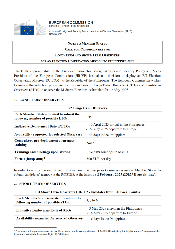 欧盟委员会关于2025年菲律宾选举观察团的征集候选人通知