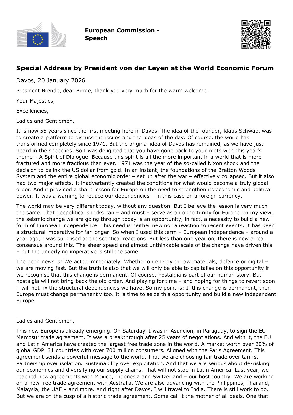 在世界经济论坛特别演讲：构建新型欧洲独立