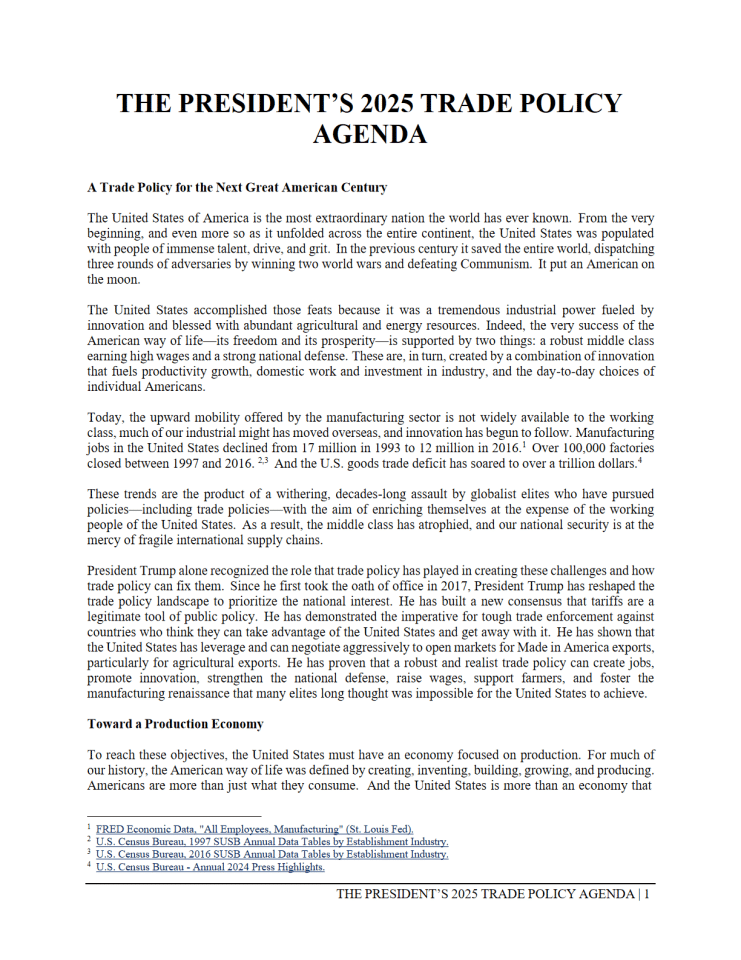 2025年总统贸易政策议程：下一个伟大美国世纪的贸易政策