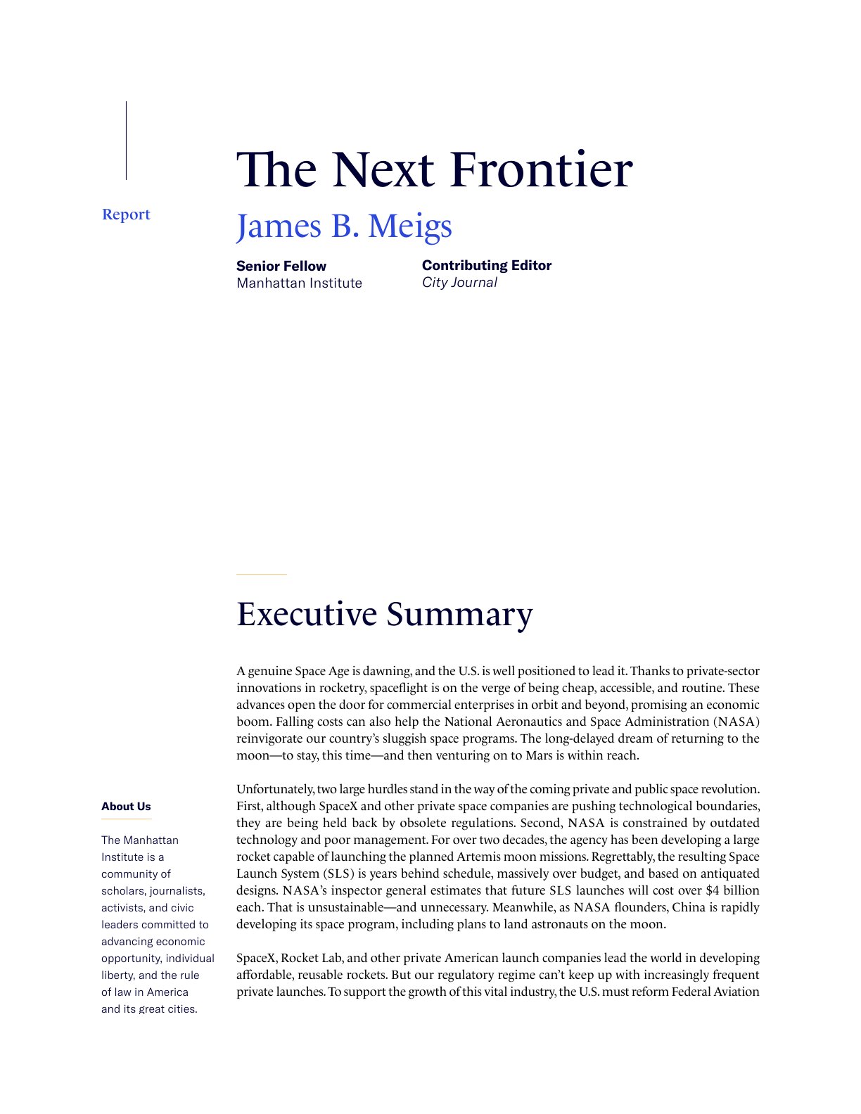 下一前沿：美国太空政策的挑战与改革路径