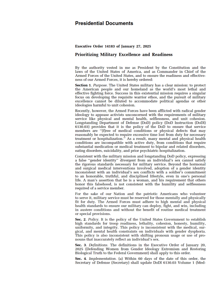 美国总统行政命令：优先考虑军事卓越和战备
