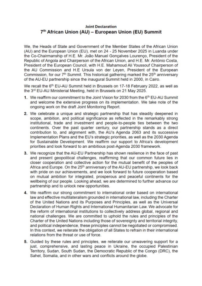 第七届非洲联盟-欧盟峰会联合声明——非盟与欧盟伙伴关系的新篇章