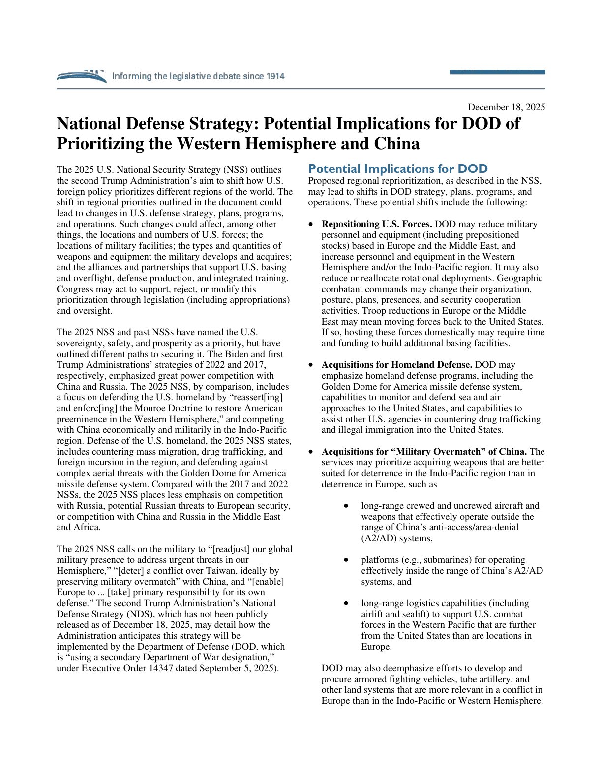 2025年《国家安全战略》潜在影响：国防部对西半球与中国的优先化