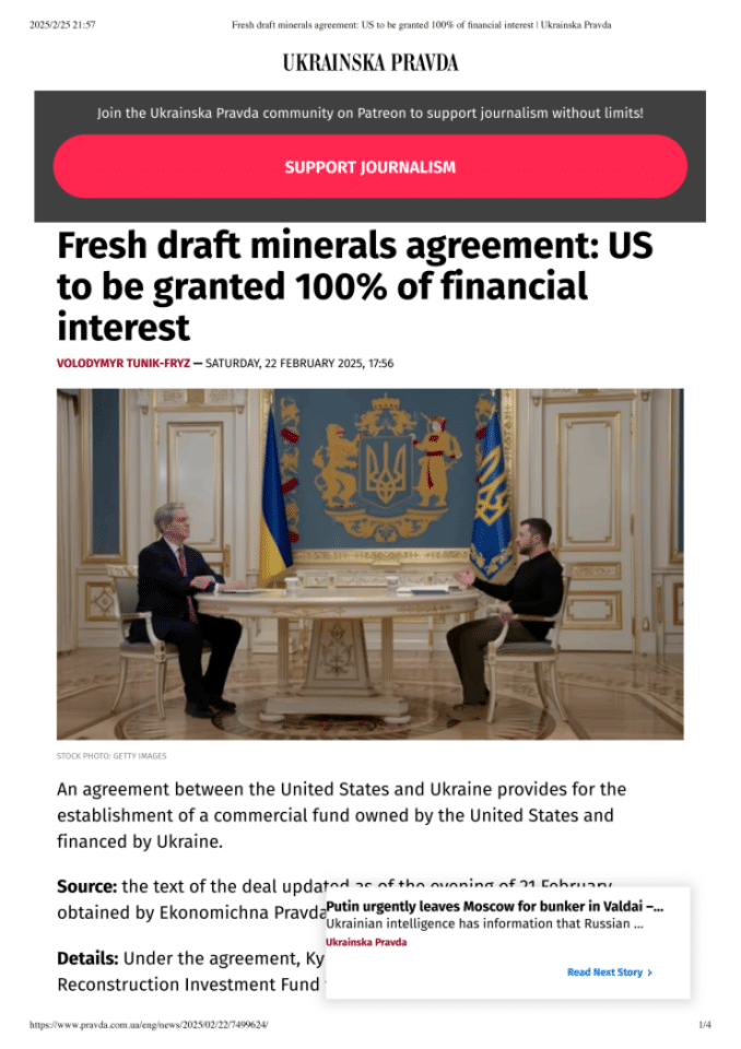 美乌新矿产协议草案：美国获100%经济权益