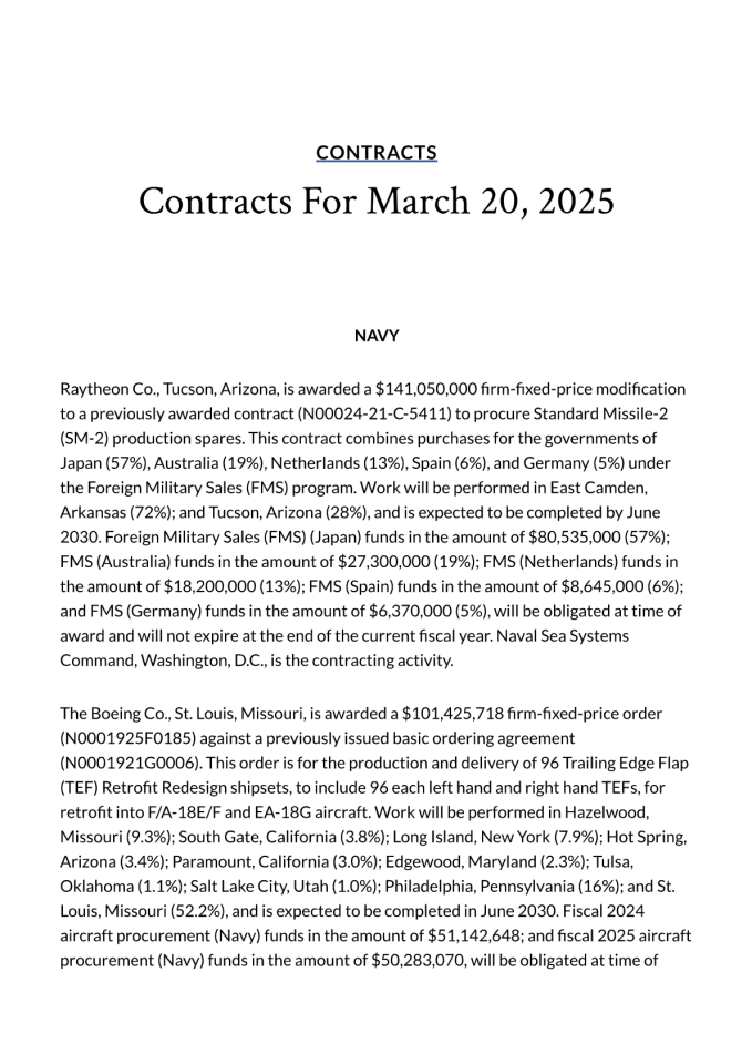 2025年3月20日美国国防部合同清单分析报告