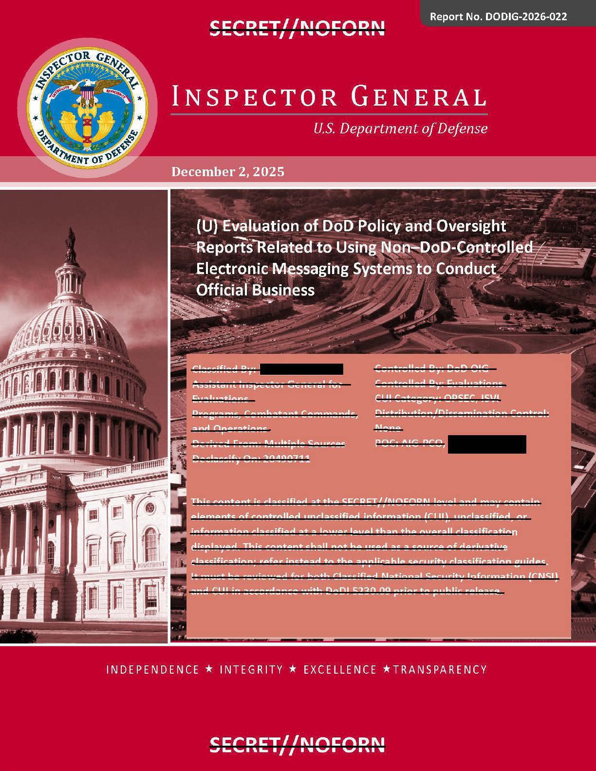 国防部政策与监督报告评估：关于使用非国防部控制的电子消息系统处理公务