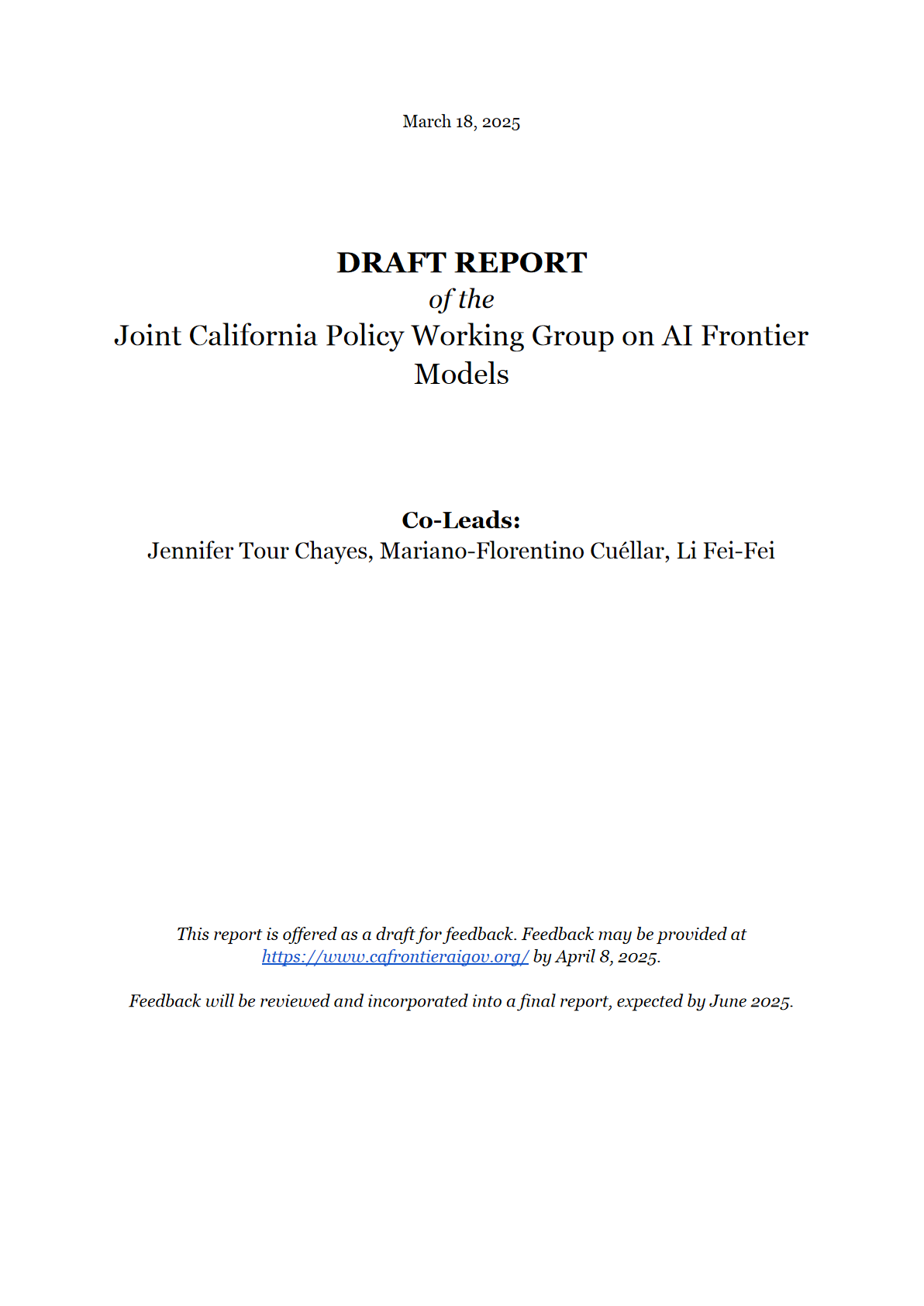 《加州人工智能前沿联合政策工作组报告草案》