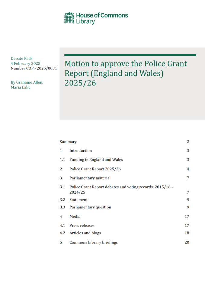 2025/26年度英格兰和威尔士警察拨款批准动议报告