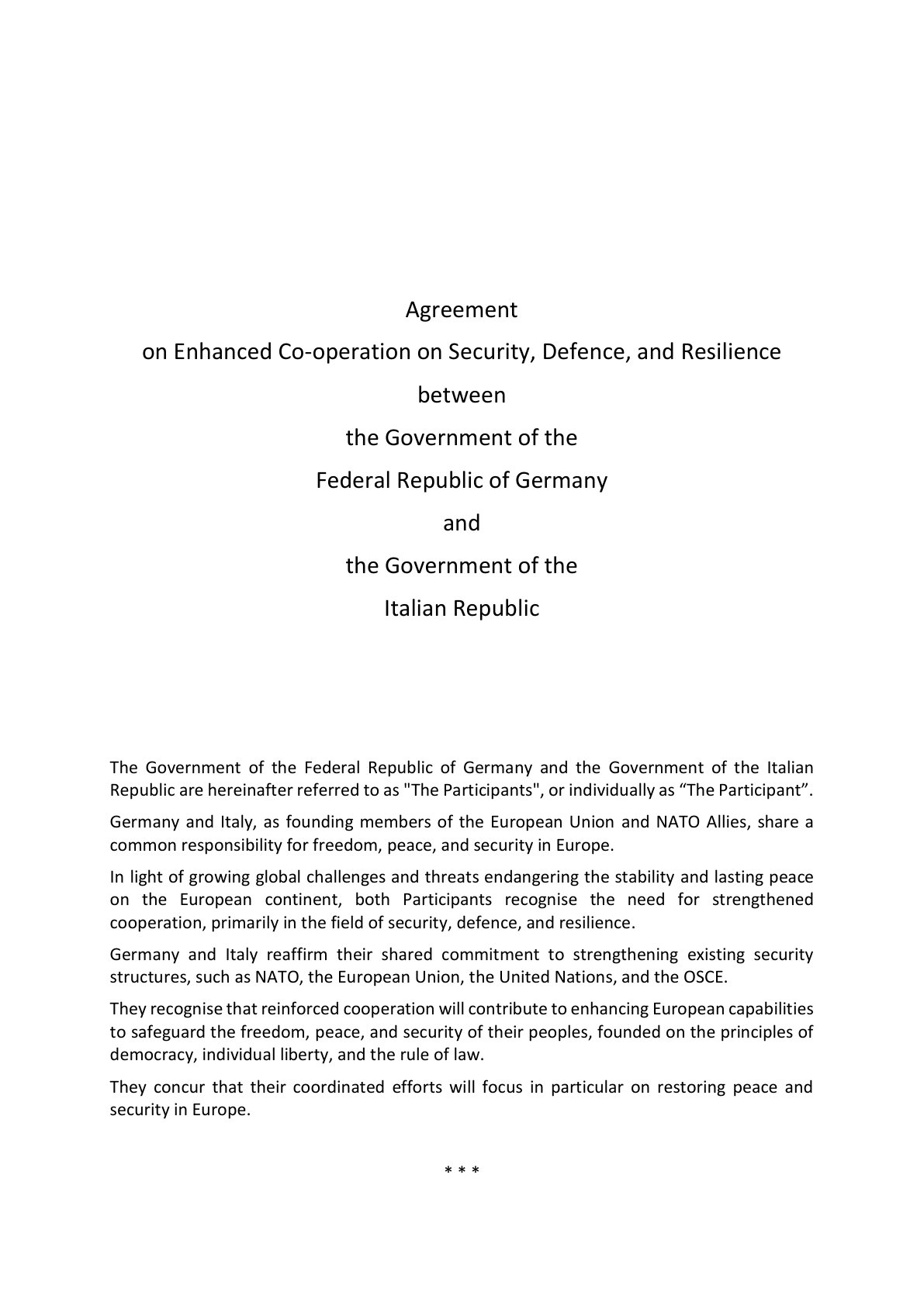 德意志联邦共和国政府与意大利共和国政府关于加强安全、防务与韧性合作的协议