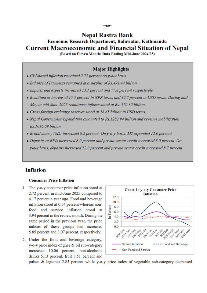 尼泊尔中央银行：宏观经济与金融状况报告（基于截至2025年6月中旬的十一个月数据）