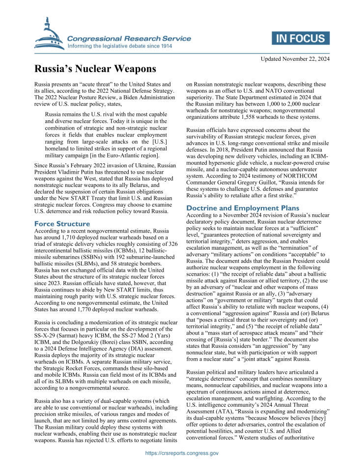 俄罗斯的核武器：力量结构、核学说与战略影响