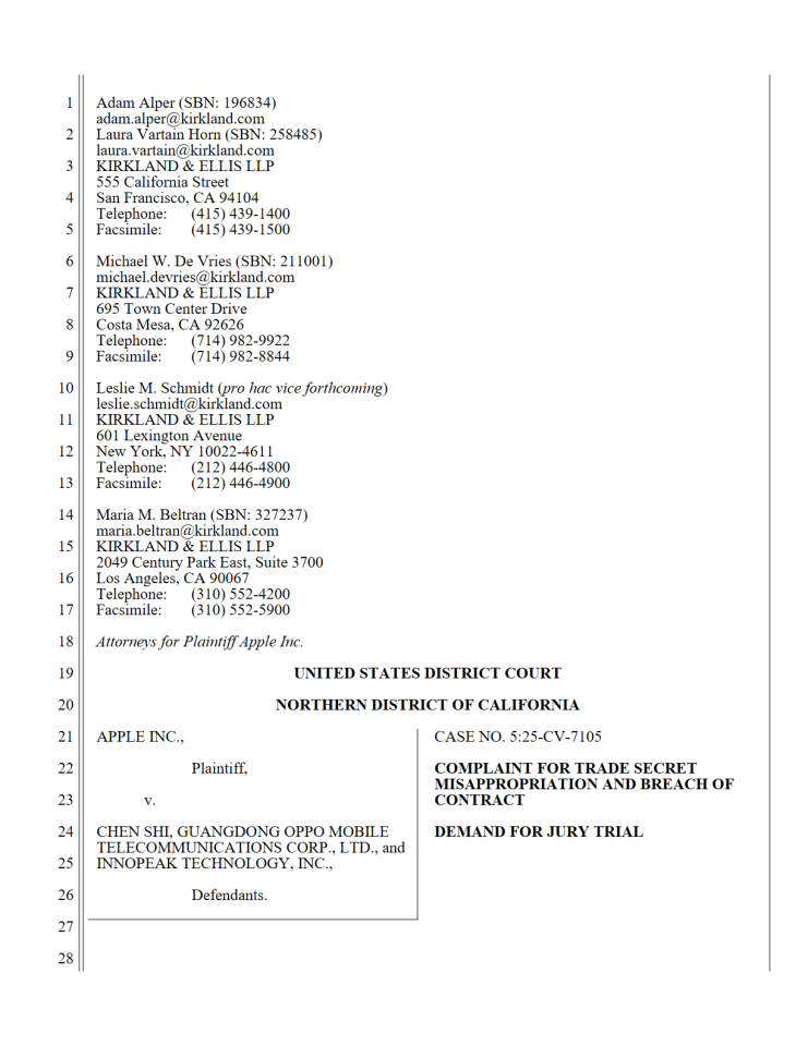 苹果公司诉陈石、广东欧珀移动通信有限公司及InnoPeak Technology, Inc.商业秘密侵权与违约诉讼书