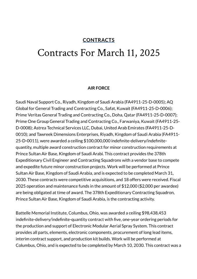 美国国防部2025年3月11日项目合同清单