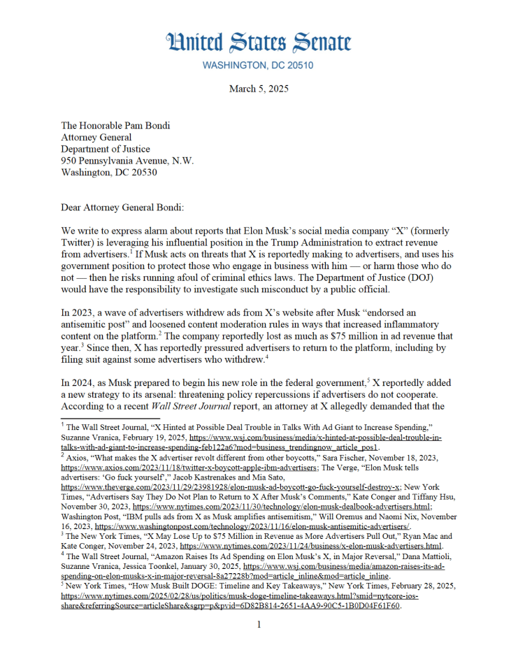 美国参议院指控马斯克利用公职谋取商业利益相关法律争议