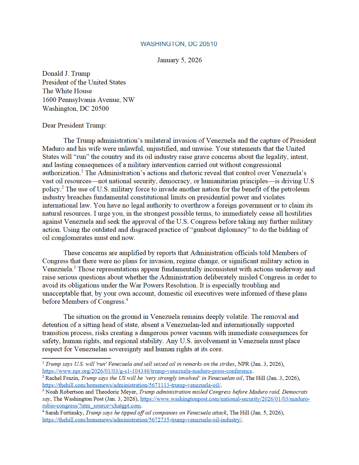 美国参议院：爱德华·马基参议员就委内瑞拉军事干预致特朗普总统质询函