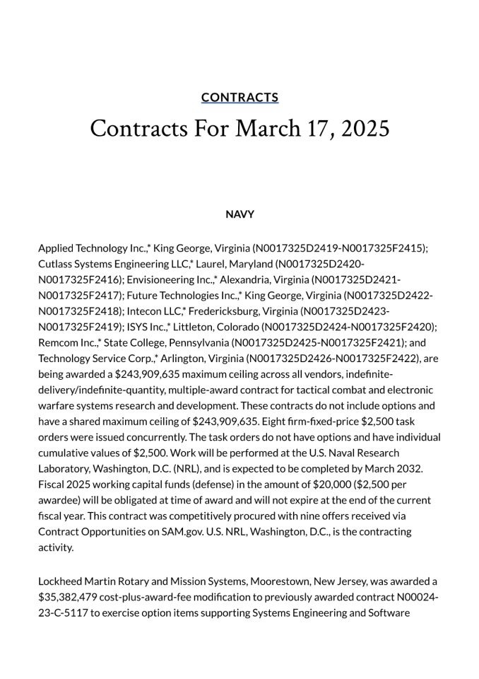 美国国防部2025年3月17日项目合同清单：军事能力建设的资金流向与承包商网络