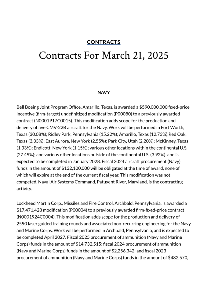 美国国防部2025年3月21日发布项目合同清单