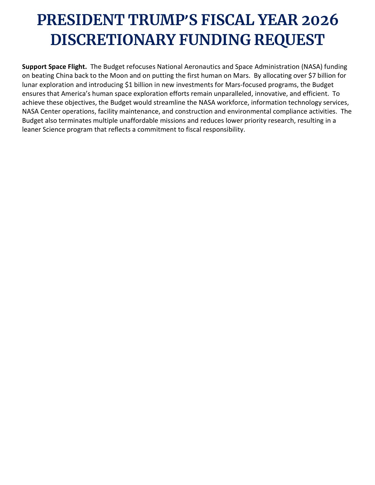 特朗普总统2026财年自主性资金请求