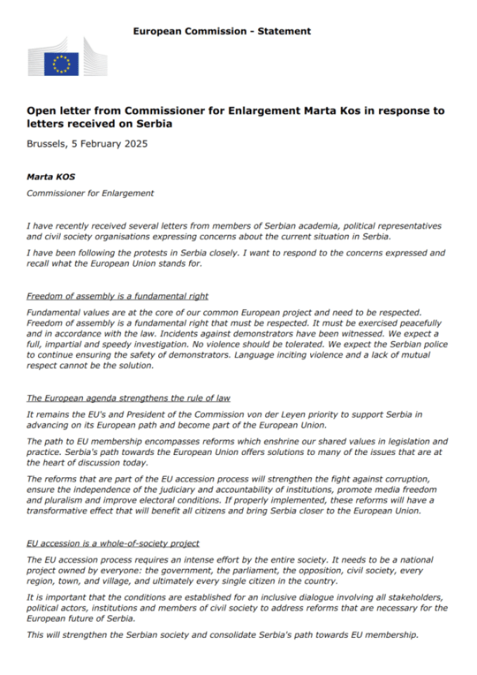 欧盟扩大事务专员马尔塔·科斯关于塞尔维亚局势的公开信