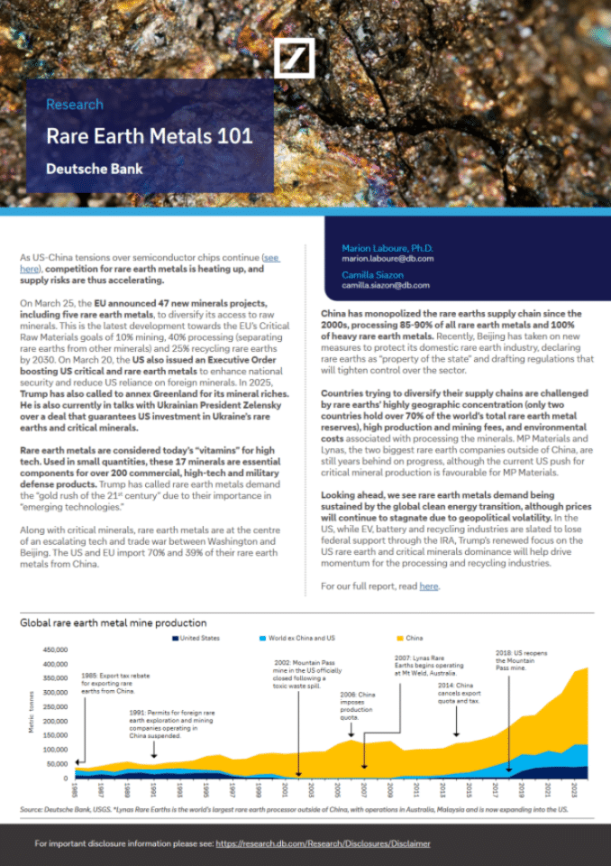 德意志银行研究团队：关于全球稀土金属矿产量的报告