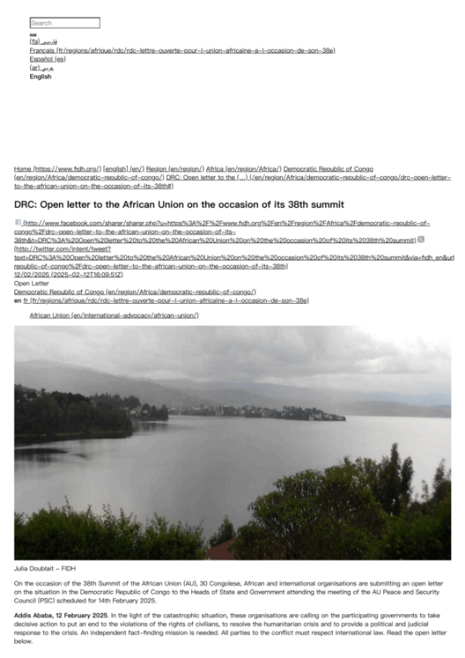 刚果民主共和国：致非洲联盟第38届峰会的公开信