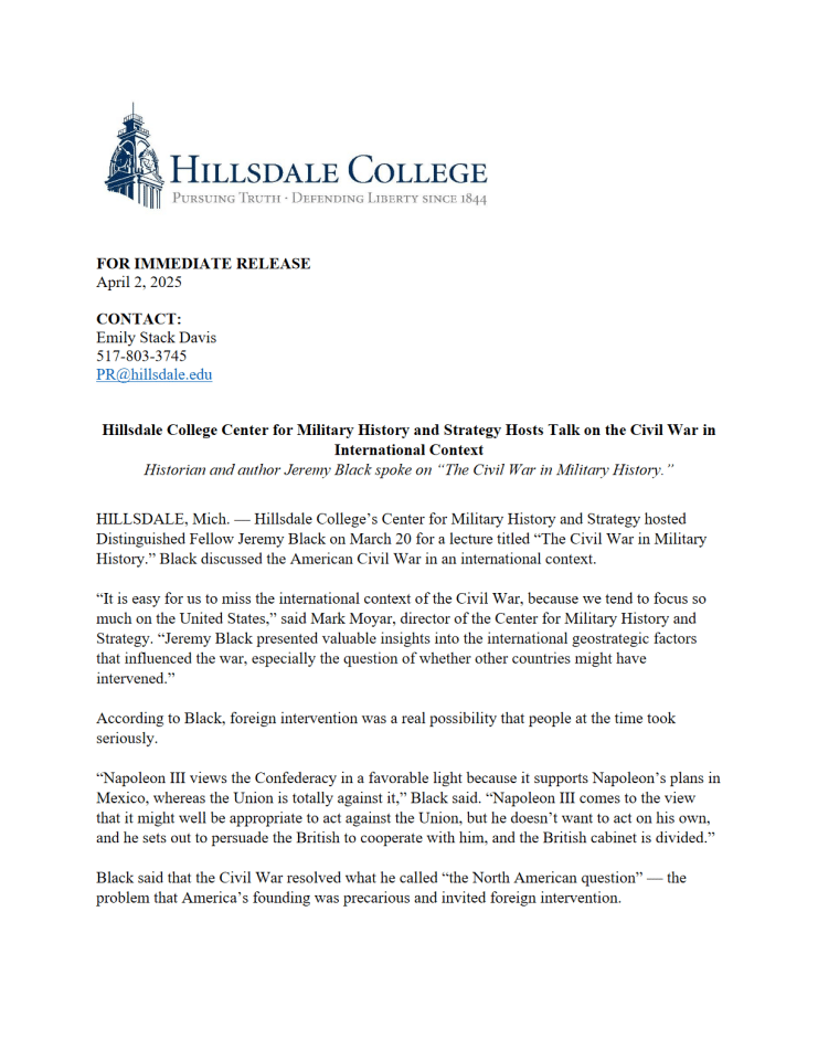 希尔斯代尔学院军事历史与战略中心：内战讲座纪要