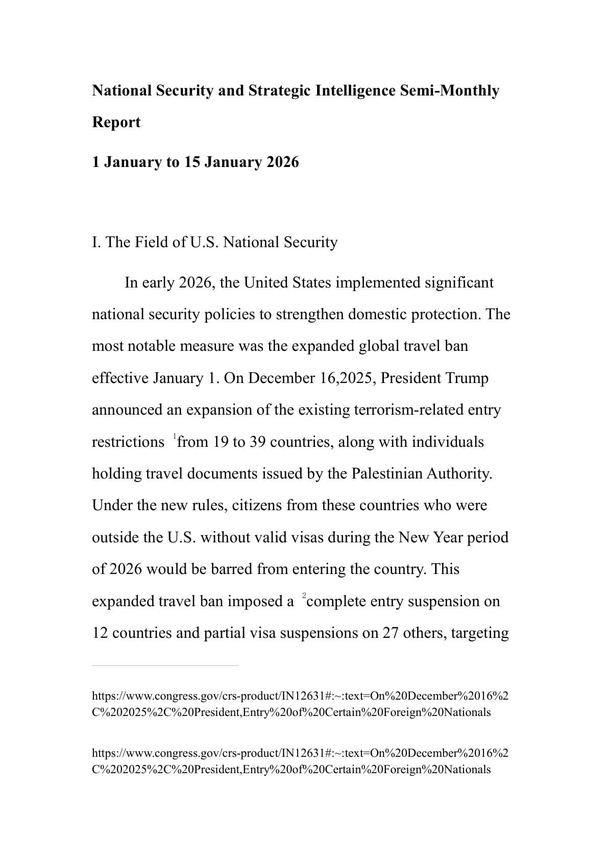 国家安全与战略情报半月报告：2026年1月1日至1月15日
