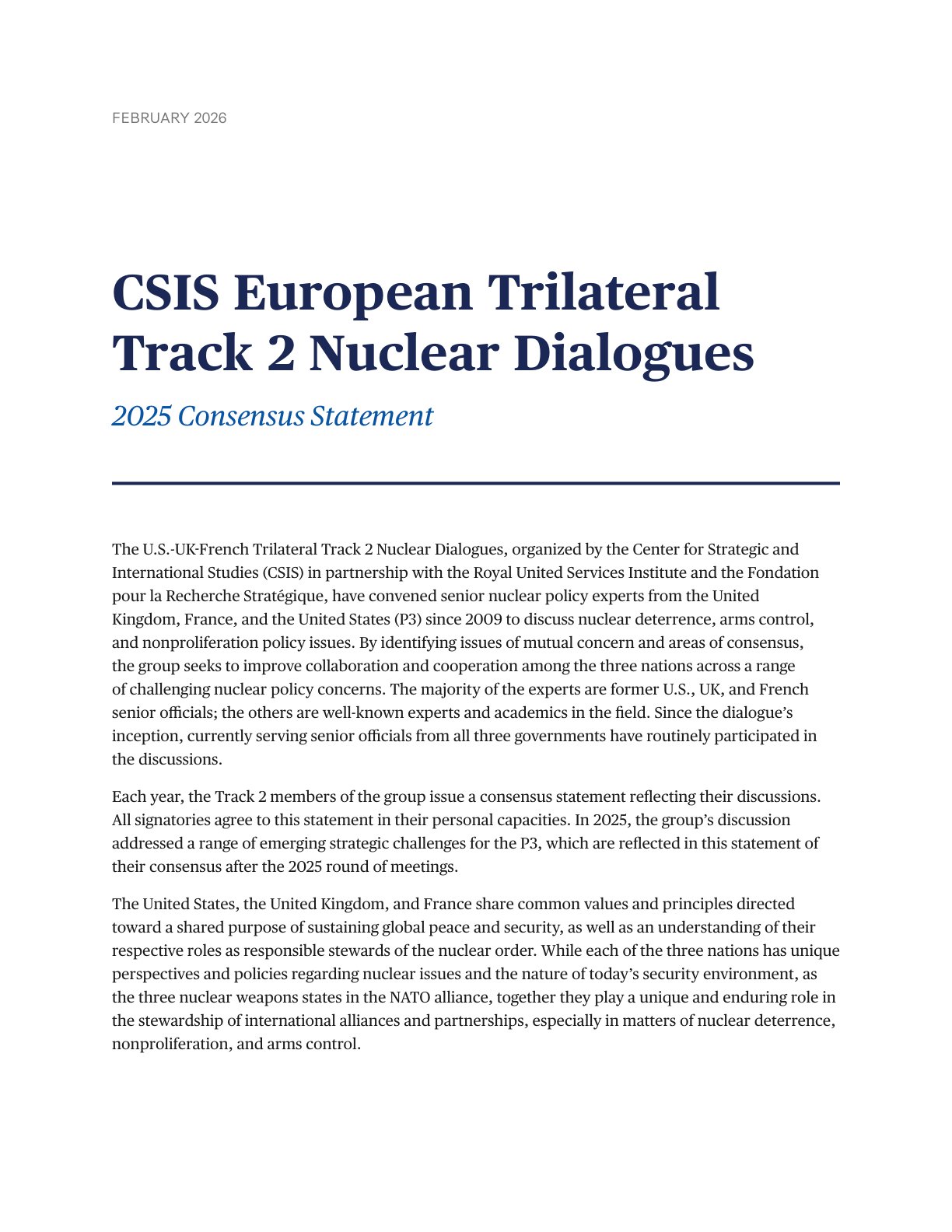 2025年共识声明：CSIS欧洲三边第二轨道核对话