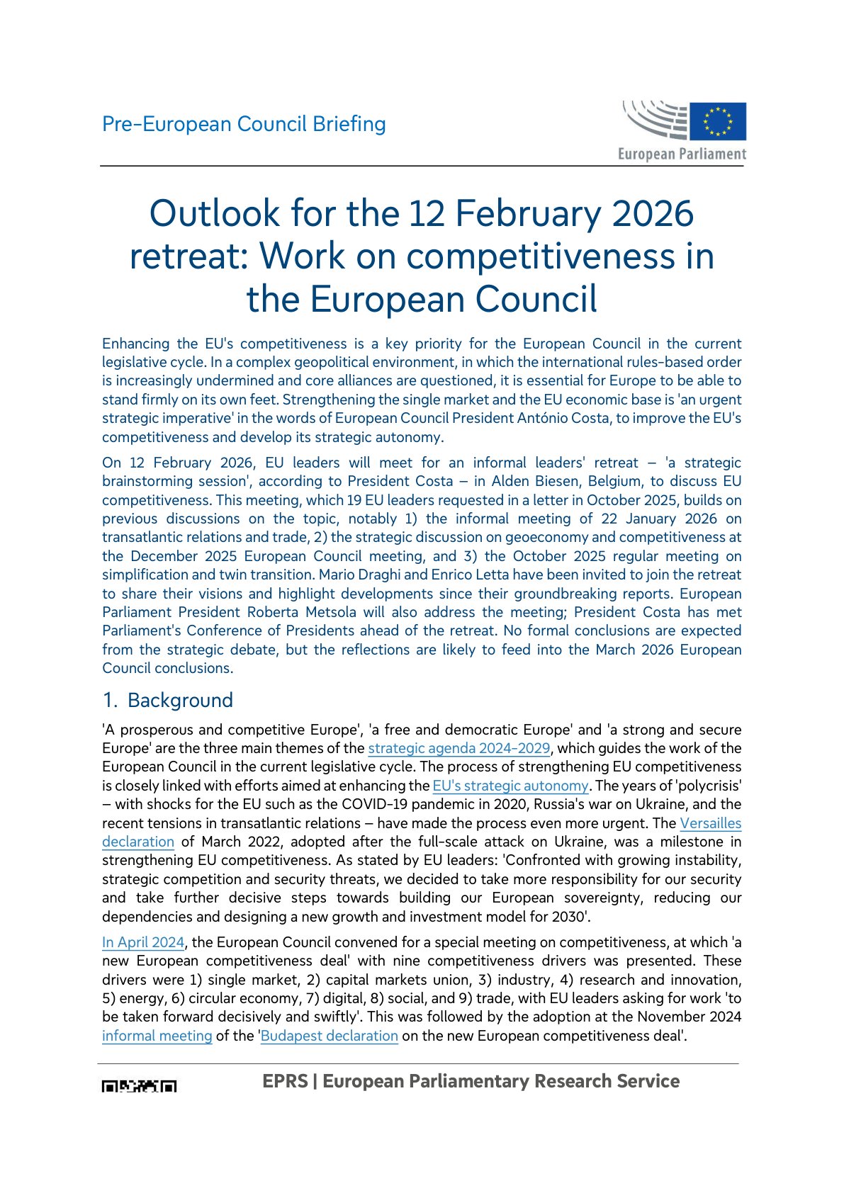 欧洲理事会2026年2月12日非正式领导人务虚会前瞻：欧洲理事会关于竞争力工作的展望