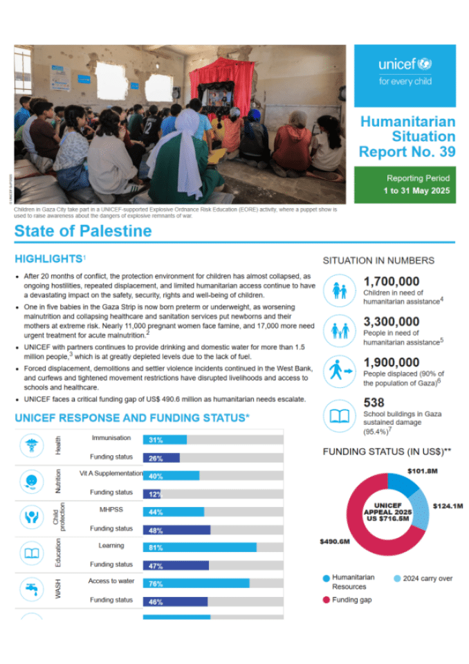 联合国儿童基金会：巴勒斯坦国儿童保护与人道主义危机报告