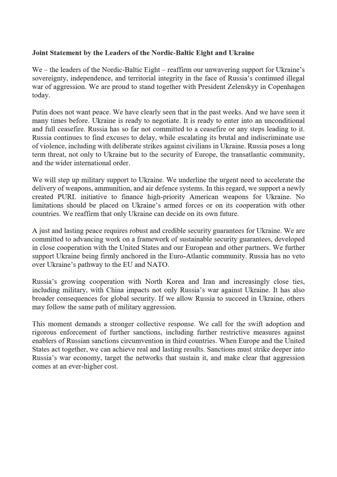 北欧-波罗的海八国与乌克兰领导人联合声明：坚定支持乌克兰主权