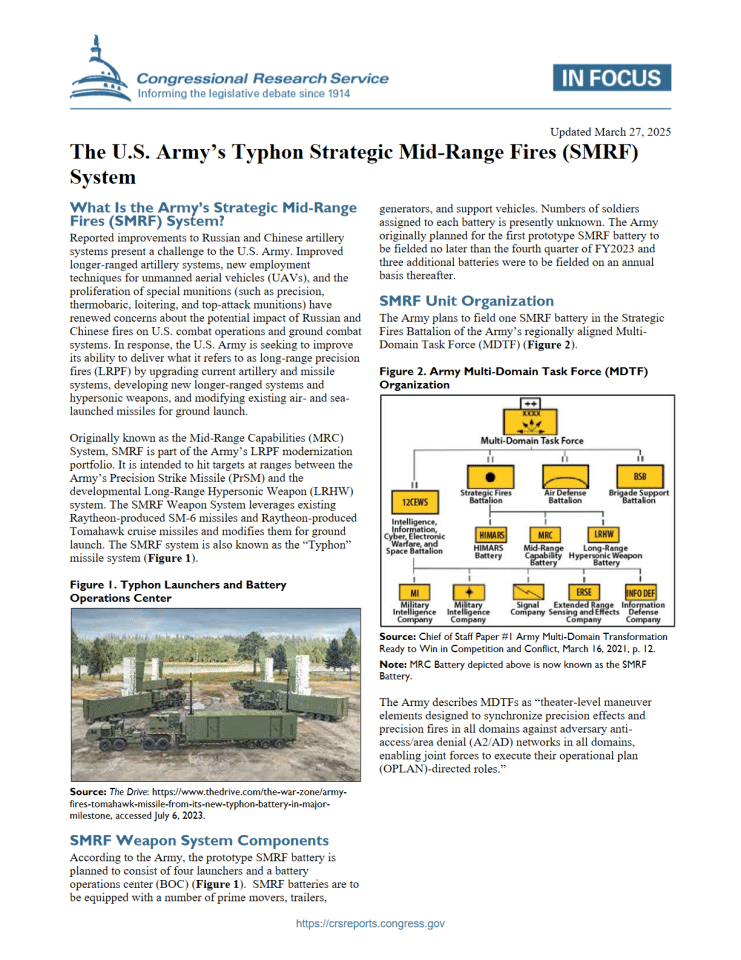美国陆军“堤丰”战略中程火力系统（SMRF）专题评估