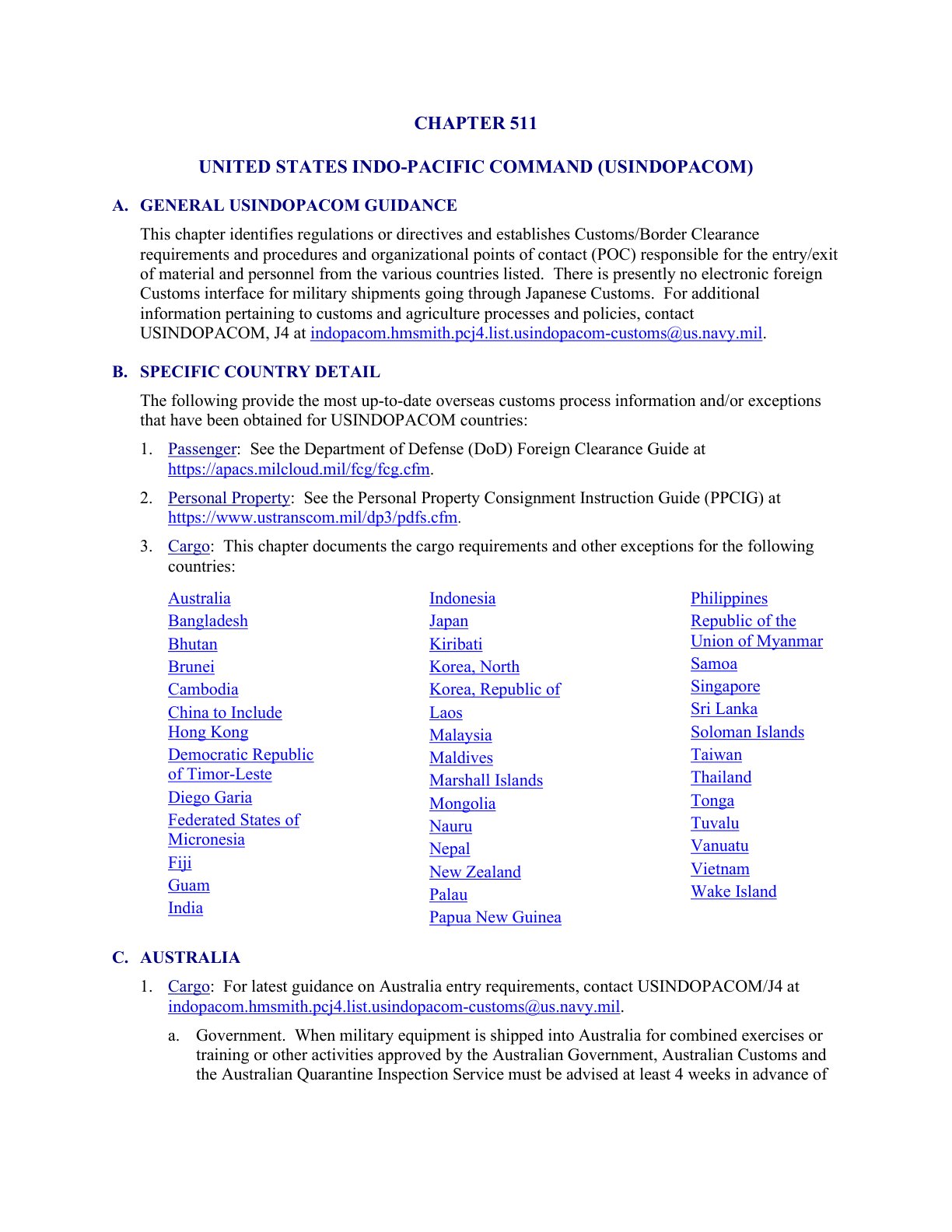 美国印太司令部（USINDOPACOM）人员与物资出入境海关及边境通关指南