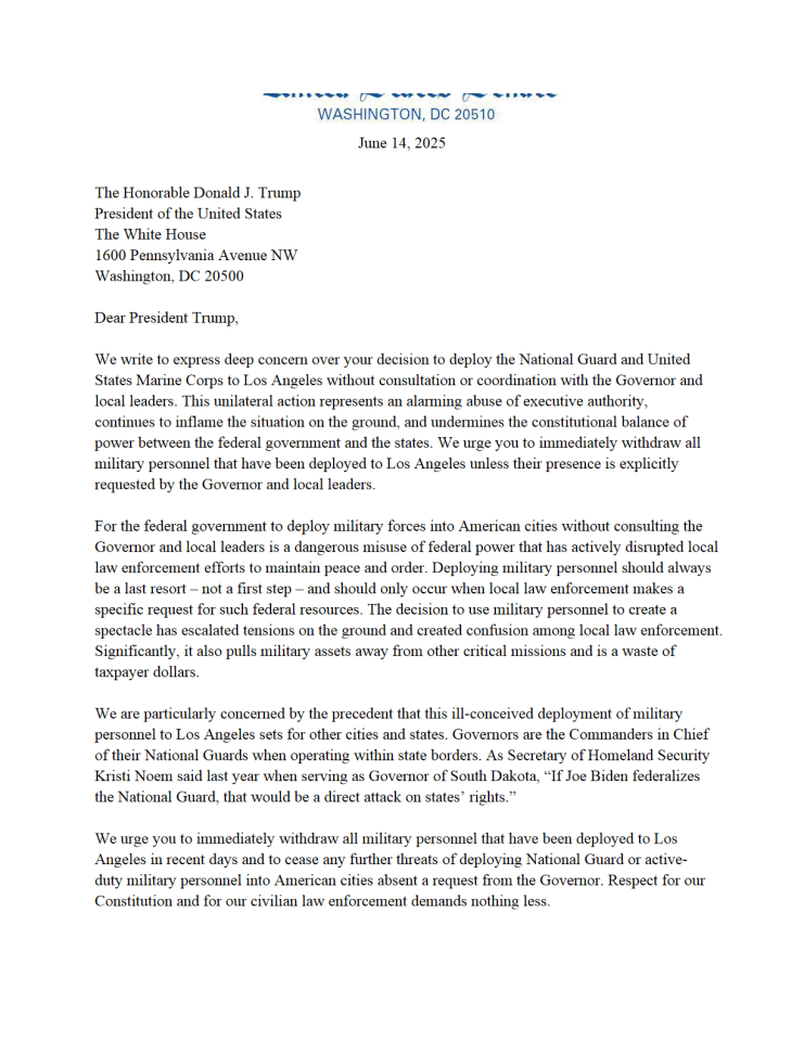 参议员联名致特朗普总统关于洛杉矶军事部署的关切信