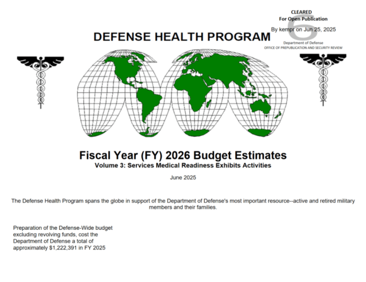 美国国防部：2026财年服务医疗准备展览活动预算估算