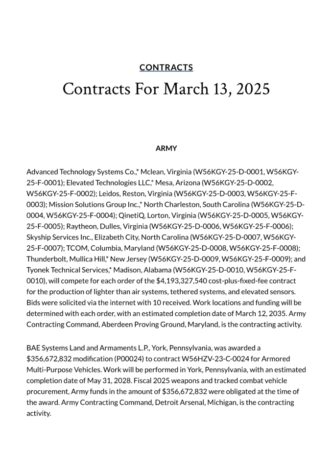 美国国防部项目合同清单（2025年3月13日）