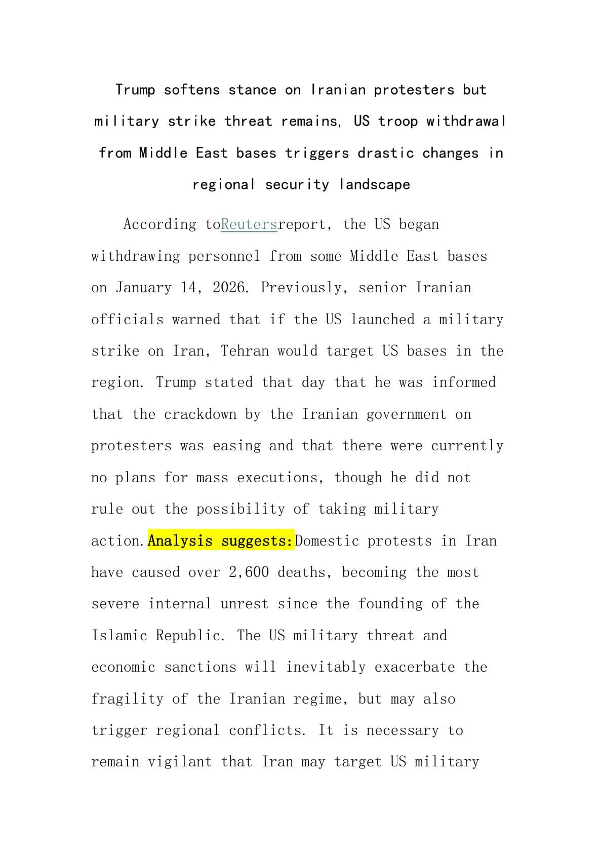 特朗普对伊朗抗议者立场软化但军事打击威胁犹存，美军撤离中东基地引发地区安全格局剧变