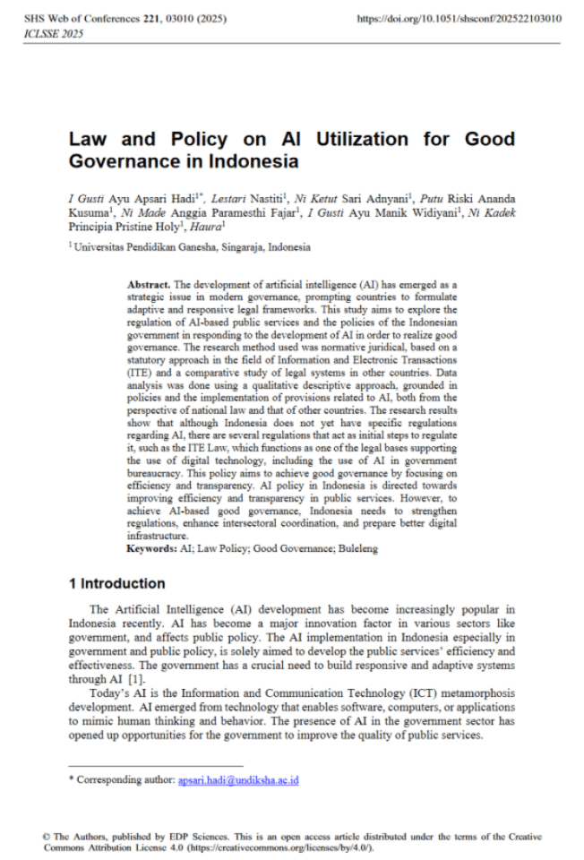 甘尼萨教育大学：印度尼西亚人工智能公益利用的法律和政策治理研究