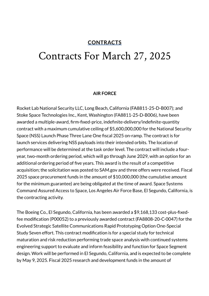 美国国防部2025年3月28日项目合同清单分析：采购趋势与战略重点透视