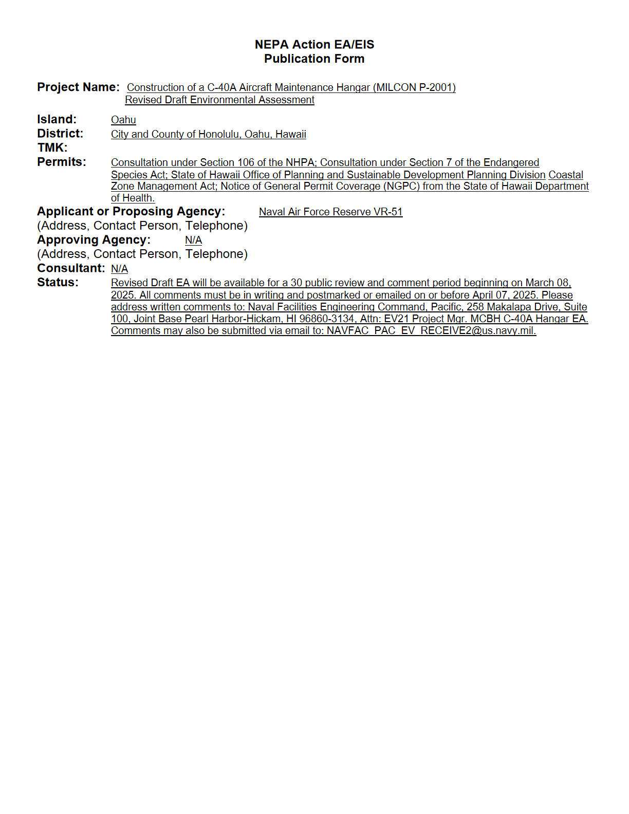 夏威夷海军陆战队基地C-40A飞机维修机库环境评估报告（修订草案）