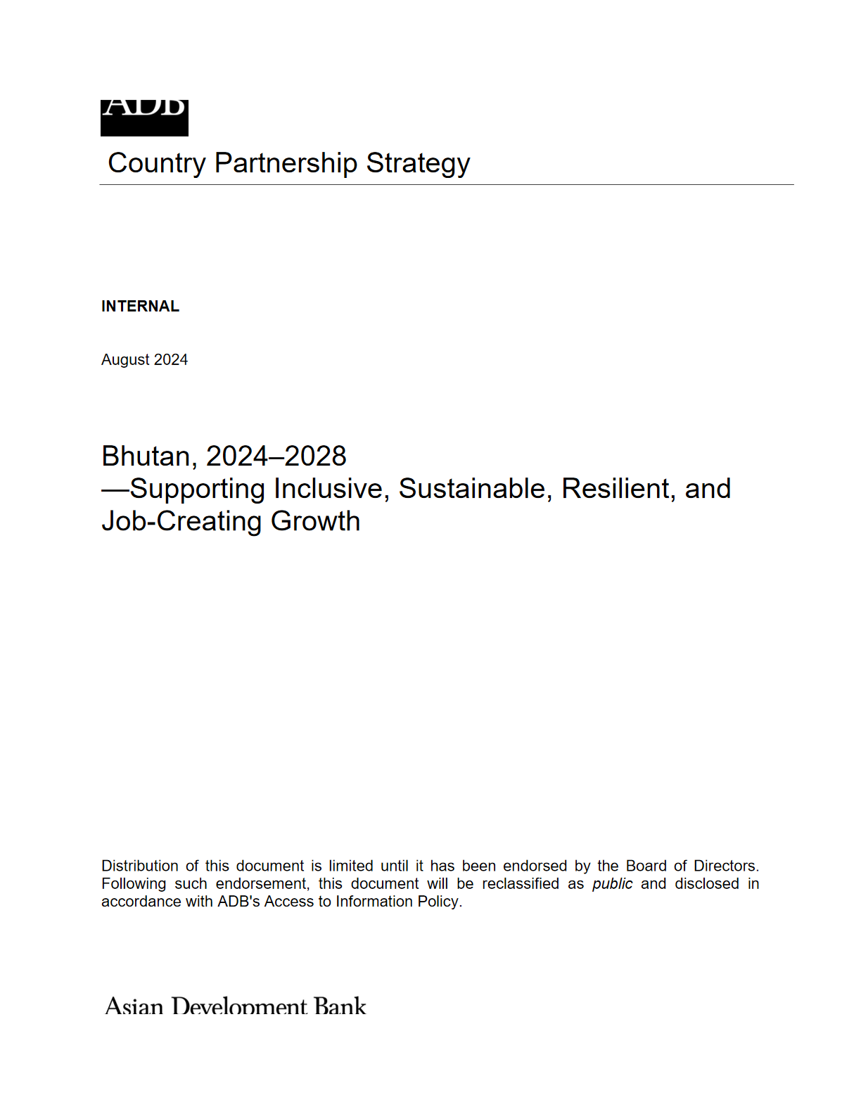 亚洲开发银行（ADB）：不丹国家伙伴关系战略（2024-2028年）
