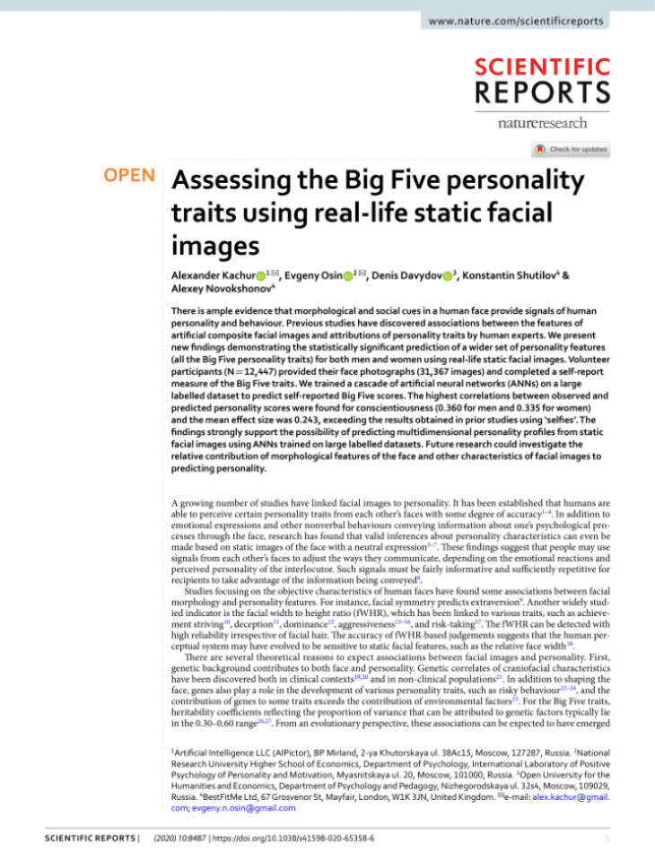 利用现实生活中的静态面部图像评估大五人格特质
