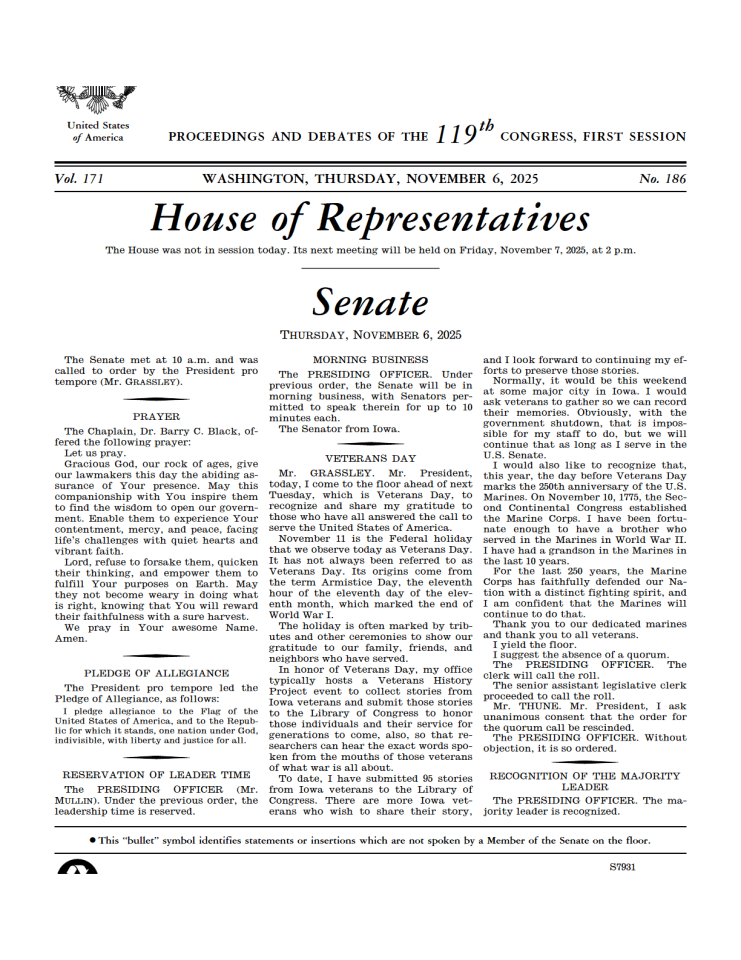 参议院活动纪要：退伍军人节致敬与政府停摆危机