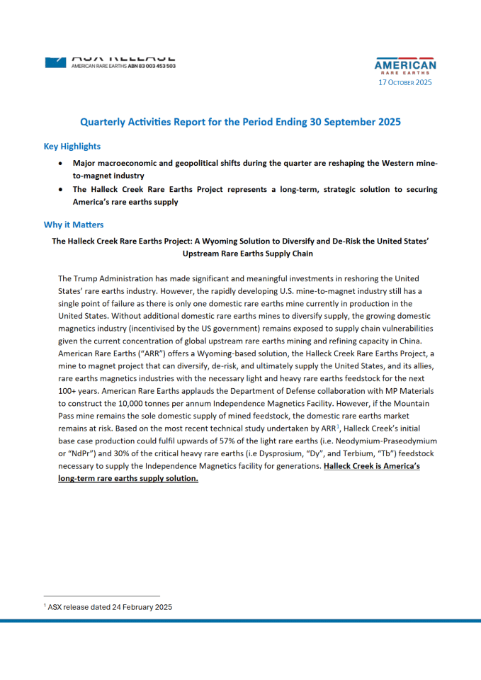 美国稀土公司：Halleck Creek项目季度活动报告
