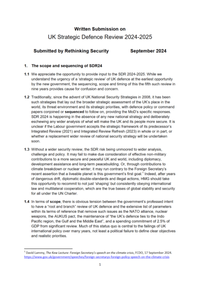 《英国战略防御评估（2024-2025）》的书面意见